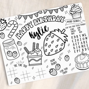Birthday Strawberry Coloring Placemat Strawberry Activity Placemat for Kids Berry First Birthday Strawberry Theme Party Activity Mat