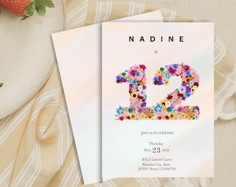 May include: A floral birthday invitation for Nadine's 12th birthday. The number 12 is made of colorful flowers. The invitation includes the date, time, and location of the party.