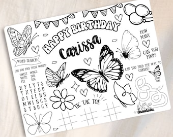 May include: A black and white printable activity sheet with a birthday theme. The sheet features a word search, tic-tac-toe game, a maze, and a butterfly design. The text "Happy Birthday Carissa" is at the top of the sheet.