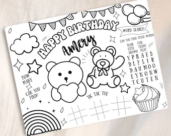 Editable Bear Birthday Coloring Placemat, Kids Activity (Digital Download)