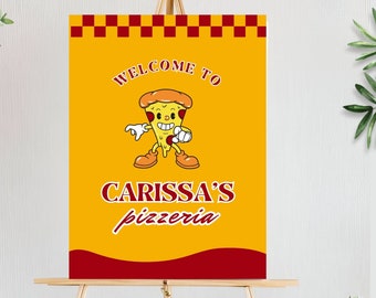 Bewerkbaar welkomstbord pizzafeest Pizzaverjaardagsversieringen Pizzafeestdecors Pizzafeestlabels