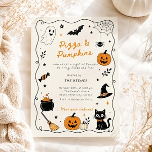 May include: A rectangular Halloween party invitation card featuring the text Pizza & Pumpkins, Join us for a night of Pumpkin Painting, Foods and Fun!, Hosted by THE KEENES, October 20th, at 6:00 pm, The Keene's House, Really Great City, CA 123, RSVP to Ashley on 10/15, Wear your costume!, and illustrations of a ghost, bat, spider web, jack-o'-lantern, candy, witch hat, cauldron, broom, and black cat.