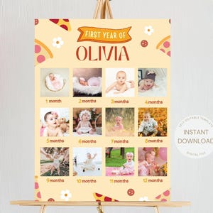 PIZZA mijlpaal fotobord, Slice of Fun pizza decor, pizzeria verjaardag, 1e verjaardag fotobord, bewerkbaar mijlpaal fotobord pizza thema