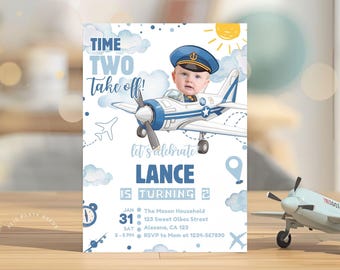 Custom Face Airplane Birthday Invitation, Modern Plane Invitation, Pilot Theme Time TWO Take Off Boy 2nd Birthday, Aviation Theme Party