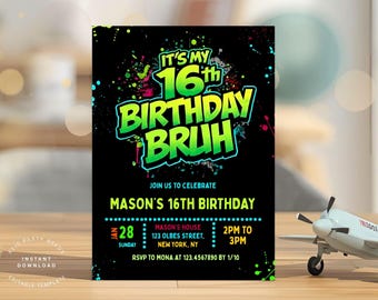 Neon 16Th Birthday Invitation, Boy Birthday Invitation, Glow Invitation, Canva Template Digital 16th Birthday Invitation
