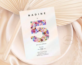 Invitation minimale du 5e anniversaire, fille rose blush modifiable, modèle d&#39;Invitation fille cinquième anniversaire, invitation fête thème princesse 5e