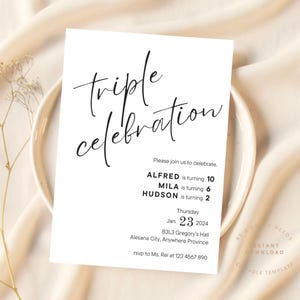 Minimalist Triple Celebration Invitation, Three Kids Birthday Invitation, Siblings, Friends, 3 Parties Printable or Evite Fully Customizable