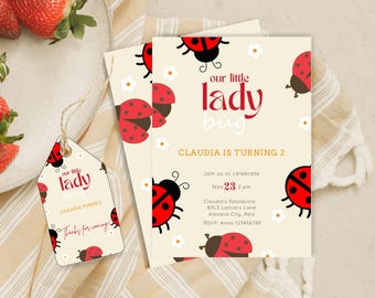 Cute Ladybug Daisy Birthday Invitation - 5x7 - Digital Download - Editable with Free Lady Bug Thank You Tag