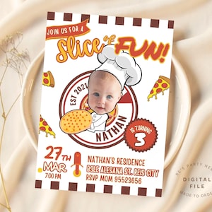 Convite editável para festa de pizza para qualquer idade com foto, convite personalizado para pizza com almôndegas do chef italiano, convite com foto para aniversário de pizzaria