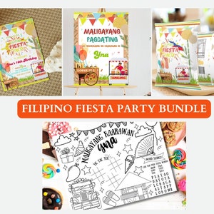 May include: A printable party bundle for a Filipino fiesta. The bundle includes a welcome sign, invitation, snack bag, and a colouring page with a word search. The welcome sign says "Maligayang Pagoating Yna" and the invitation says "Welcome to a Fiesta Party!" The snack bag says "Filipino Fiesta Party". The colouring page has a word search with the words "Psayao", "Uatoya", "Igbaga", "Astapp", and "Lobow".