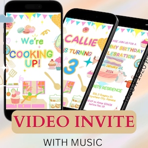 Peut inclure: Une invitation vidéo pour une fête d'anniversaire sur le thème de la cuisine colorée. L'invitation présente une image de dessin animé d'une cuisine avec un gâteau, des cupcakes et d'autres accessoires de pâtisserie. Le texte sur l'invitation indique "We're Cooking Up!" et "Callie a 3 ans".