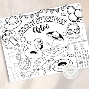 Custom Pool Party Colouring Page Activity Sheet Placemat Birthday Party Favors Printable Swimming Water Fight Summer Splish Splash Games