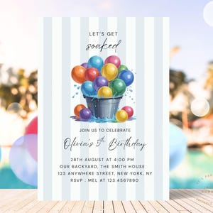Water Balloon Invitation, Editable Minimalist Water Balloon War Birthday Party Invitation, Let&#39;s Get Soaked, Water Party, Splash, Summer