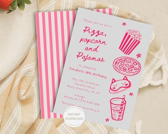 May include: A pink and white striped invitation for a birthday party with the text "Please join us for a Pizza, popcorn and Pajamas to celebrate Claudia's 18th Birthday" and details about the party.