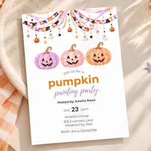May include: A rectangular invitation card for a pumpkin painting party featuring three watercolor jack-o'-lanterns in purple, pink, and orange, with hanging streamers, ghost, and star decorations. The text includes event details and date.