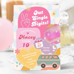Editable Peace Out Single Digits Birthday invitation Fall Groovy 10th Birthday Invite Daisy Rainbow Printable Instant Download