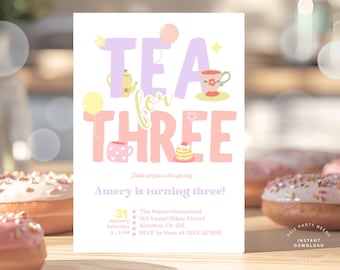 Invitación para fiesta de cumpleaños de tres, invitación para fiesta de té de tercer cumpleaños, descarga instantánea de fiesta de tercer cumpleaños de niña rosa pastel y morado