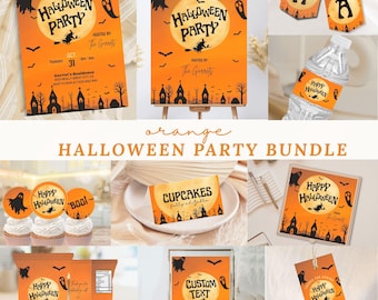 May include: An orange Halloween party bundle with various items, including invitations, a welcome sign, cupcake toppers, water bottle labels, and treat bag designs. Each item features a spooky design with a full moon, witch, and bats.