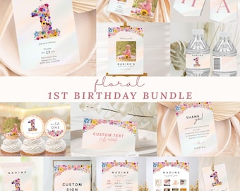 Plantilla de paquete de flores silvestres para primer cumpleaños, invitación digital editable de primer cumpleaños para niña, fiesta de primer cumpleaños con flores minimalistas