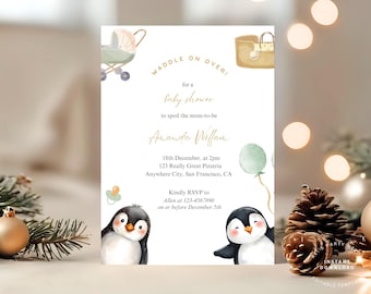 Penguin Baby Shower Invitation - Cute Winter Baby Shower Invite - Minimalist, Blue and Beige, Neutral, Digital, EDITABLE Template