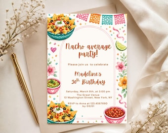 Plantilla de invitación de cumpleaños de nachos, invitación de cumpleaños de fiesta, fiesta de tacos del martes, invitación editable de fiesta mexicana, fiesta promedio de nachos