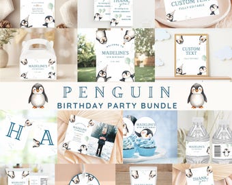 Pode incluir: Um conjunto de artigos para festas de aniversário com tema de pinguim. O pacote inclui convites, cartões de agradecimento e toppers para cupcakes. Os designs apresentam uma ilustração de pinguim fofo com chapéus de festa e balões. O texto inclui "5º Aniversário de Madeline".