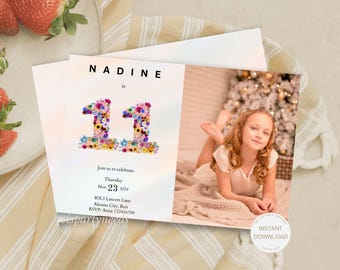 Spring 11th Birthday Invitation Photo Girl Party 11 Year Old Editable Minimalist Birthday Wildflower Theme Invite Pink Eleven Evite Floral