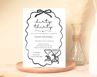 Dirty Thirty Party Invite Coquette Birthday Invitation, 30th Invitation, Party Invitation, Hand Drawn Whimsical Black White Birthday Invite