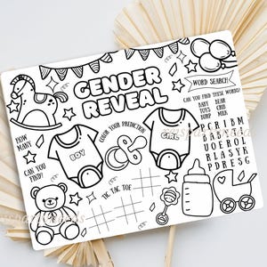 May include: A black and white printable gender reveal party game with a word search, tic-tac-toe, and a 'color your prediction' section. The game features images of a rocking horse, teddy bear, baby bottle, and a baby carriage.