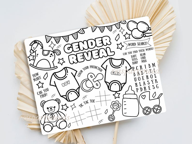 May include: A black and white printable gender reveal party game with a word search, tic-tac-toe, and a 'color your prediction' section. The game features images of a rocking horse, teddy bear, baby bottle, and a baby carriage.
