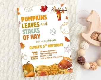 Autumn Birthday Invitation, Fun Fall Theme Invitation, Pumpkins Leaves and Stacks of Hay Birthday Invite, Autumn Leaves, Rustic Fall Invites