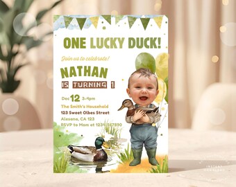Invitación de cumpleaños personalizada con la cara de un pato afortunado para la primera fiesta de patos Mallard (descarga digital)
