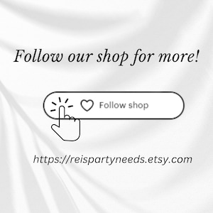 K&ouml;nnte beinhalten: Folge unserem Shop f&uuml;r mehr! Ein wei&szlig;er Button mit einem Herz-Symbol und dem Text "Follow shop" ist mit einem Cursor hervorgehoben. Der Text "https://reispartyneeds.etsy.com" befindet sich unter dem Button.