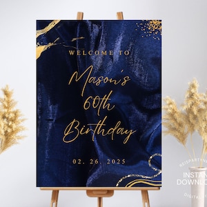 Editable Navy Blue and Gold Welcome Sign, Any Event Custom Sign, Decor Gold Glitter Party Sign, Blue & Gold Party Table Custom Sign