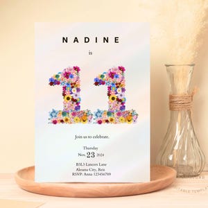 Invito minimalista per l'undicesimo compleanno, rosa cipria modificabile per bambine, modello di invito per l'undicesimo compleanno di bambine, invito per una festa a tema principessa