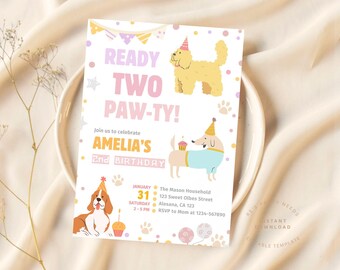 Girl Puppy 2nd Birthday Invitation, Ready TWO Paw-ty (Digital Download)