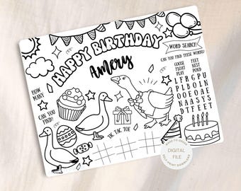 Personalized Goose Birthday Coloring Page| One Silly Goose Party Favor | Goose Coloring Party Activity Sheet | Personalized Party Placemat