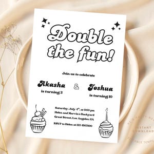 Minimalist Sibling Joint Birthday Invitation, Editable Boho, Gender Neutral Double The Fun Aesthetic Dual Duo Party Invitation Combined