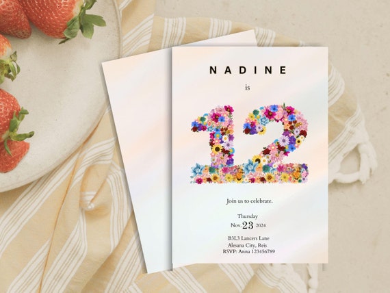 Minimal 12th Birthday Invite, Girl Editable Blush Pink, Girl Twelfth Birthday Invitation Template, Princess theme Party invitation