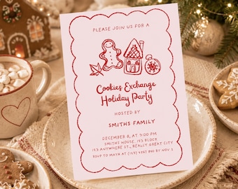 May include: A rectangular invitation card with a scalloped red border on a light pink background. It features red line drawings of a gingerbread person, a house, and a snowflake. Text reads: PLEASE JOIN US FOR A Cookies Exchange Holiday Party HOSTED BY SMITHS FAMILY DECEMBER 8, AT 3:00 PM SMITHS HOUSE. 123 BLOCK 123 ANYWHERE ST., REALLY GREAT CITY RSVP TO MAYA AT (123) 4567 890 BY NOV 1