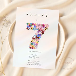 Minimal 7th Birthday Invite, Girl Editable Blush Pink, Girl Seventh Birthday Invitation Template, Princess theme Party invitation Aesthetic