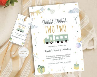 Chugga Chugga Two Two Birthday Invitation | Train 2nd Birthday Invite | Editable Toddler Boy Party Invitation Printable