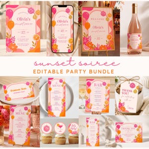 Mall för solnedgångsfestpaket, rosa-orange födelsedagsfestdekor, solnedgångsfödelsedagssvit, retro discosommarfest, mobilinbjudningsset