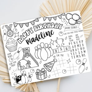 Gepersonaliseerde bowlen kleurplaat | Placemat kleurplaat | Elke leeftijd | Bowlen verjaardag | Bowlingfeestactiviteit Afdrukbaar bowlingdecor