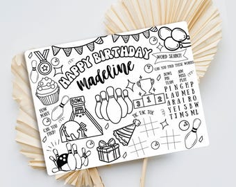 May include: Black and white printable birthday activity sheet with a bowling theme. The sheet features a word search, tic-tac-toe game, and a "How many can you find?" activity. The sheet is personalized with the name "Madeline".