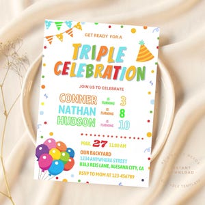 TRIPLE CELEBRATION Birthday Invitatio, Three Kids Birthday Invitation, Siblings, Friends, 3 Parties Printable or Evite Fully Customizable