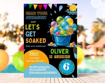 Water Balloon Birthday Invitation, Boy Summer Water Splash Party Invite, Backyard Water Bash Invitation | Canva Editable Printable Download