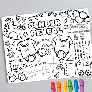 May include: A black and white printable gender reveal party game with a word search, tic-tac-toe, and a 'color your prediction' section. The game features images of a rocking horse, teddy bear, baby bottle, pacifier, and a baby carriage.