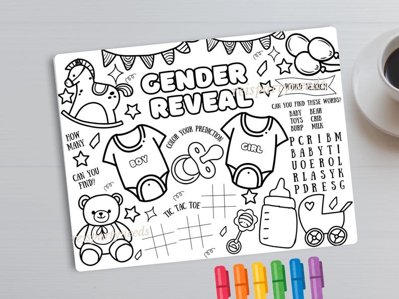 May include: A black and white printable gender reveal party game with a word search, tic-tac-toe, and a 'color your prediction' section. The game features images of a rocking horse, teddy bear, baby bottle, pacifier, and a baby carriage.