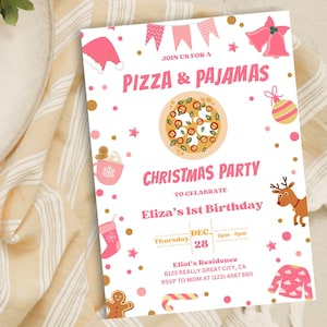 Pink Pizza and Pajamas Christmas Birthday Invitation Movie Night, Girls Birthday Invitation, Sleepover Party, Pizza Party Editable Invite